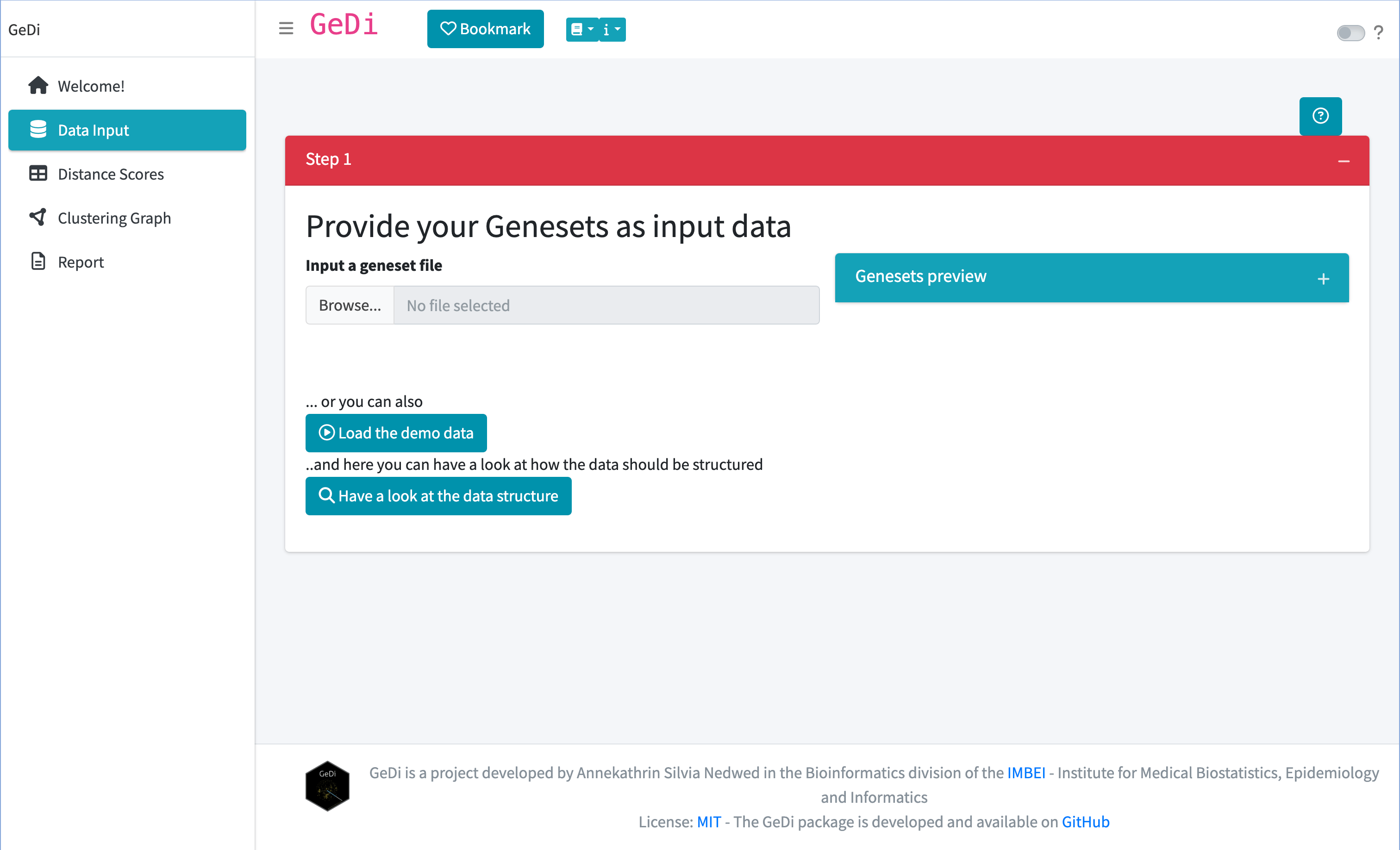 The Data input panel - Step 1